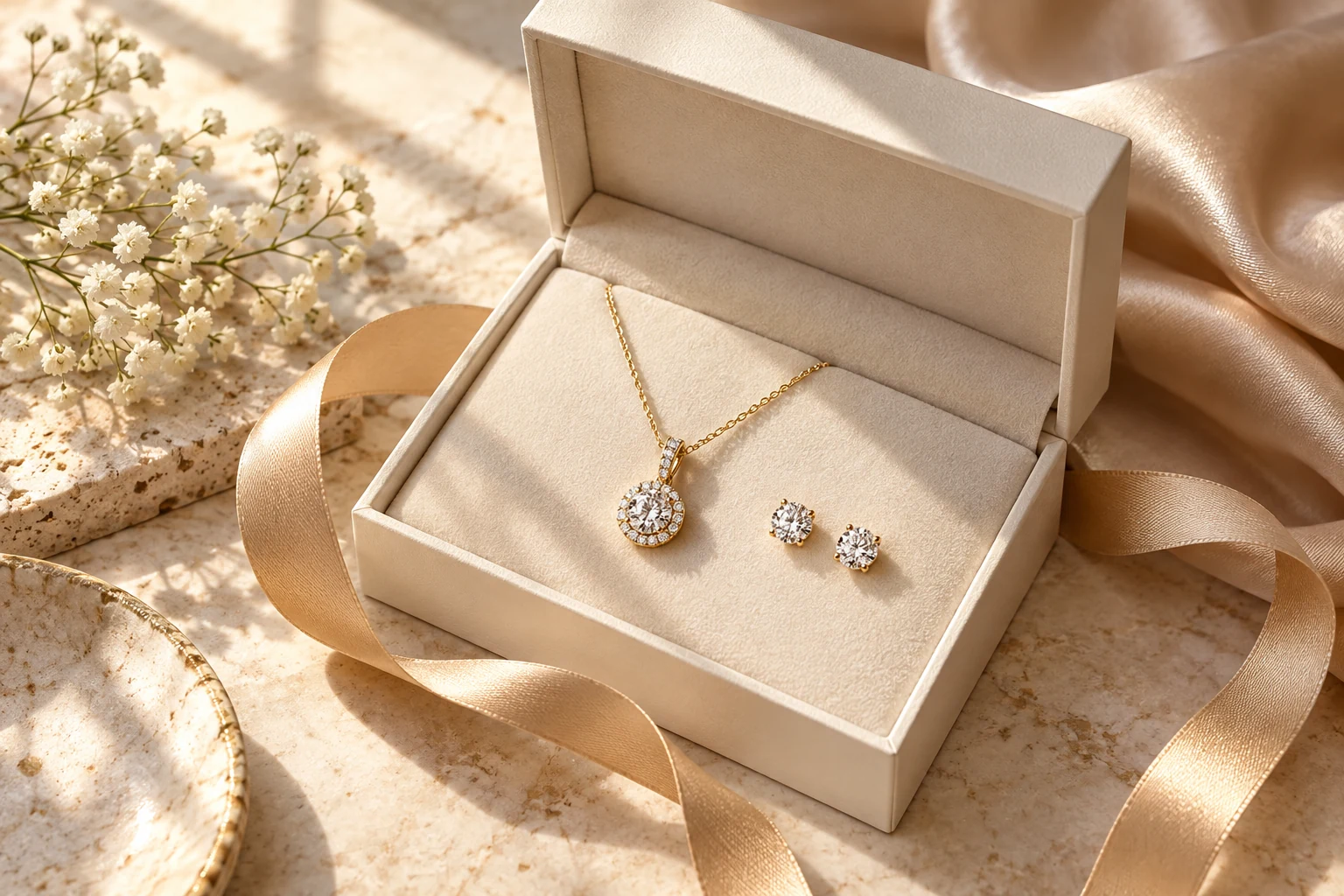 Ivory gift box containing a gold diamond pendant and diamond stud earrings