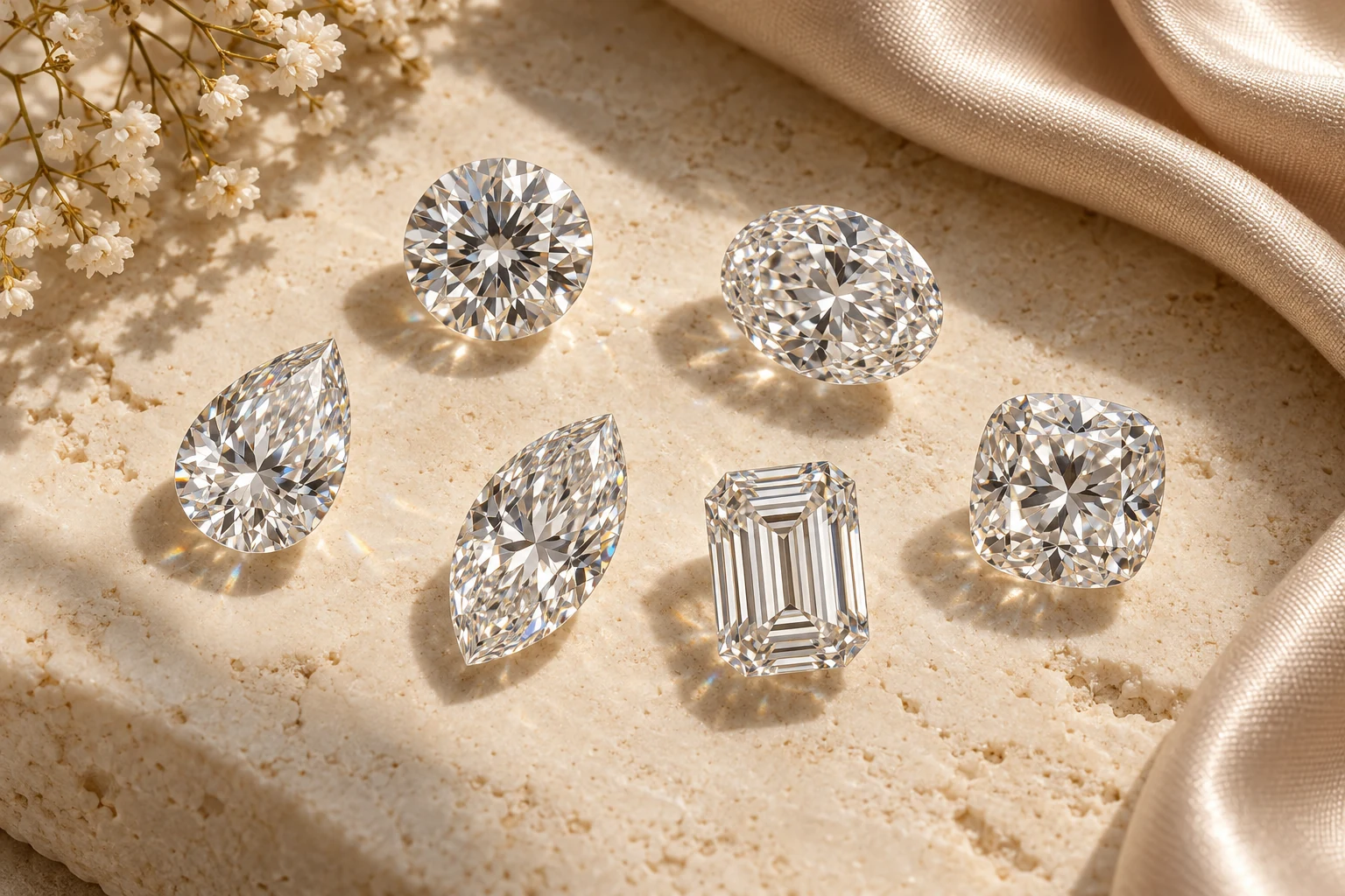 Loose diamonds in different outlines arranged on ivory stone