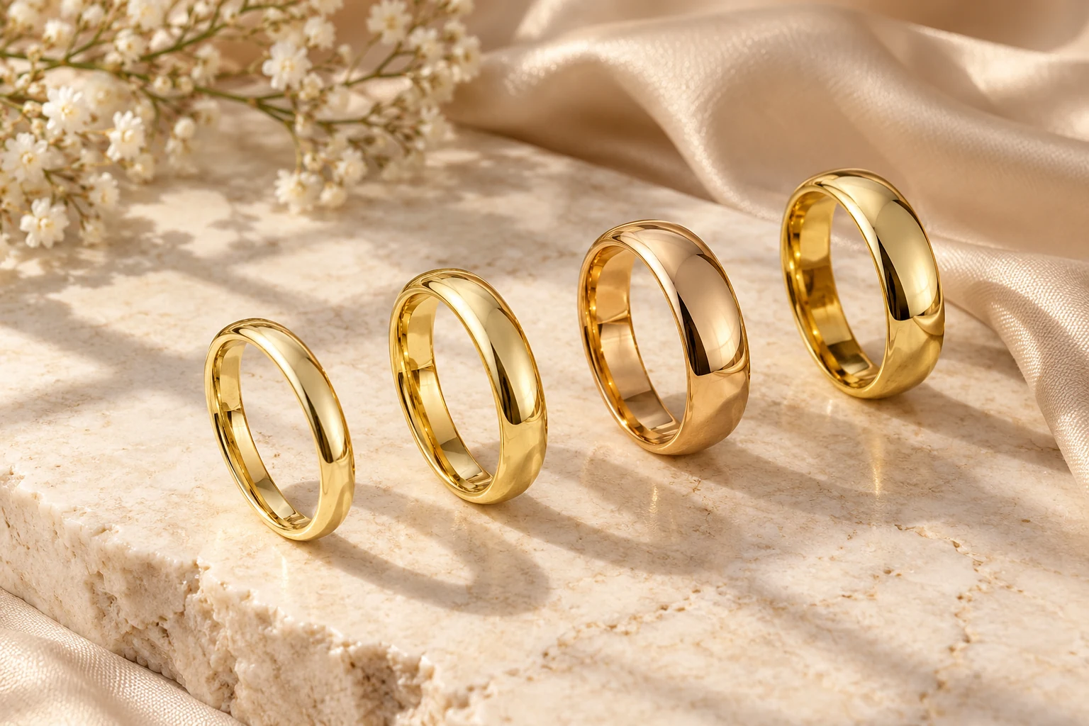 Four polished yellow gold bands arranged diagonally on ivory stone