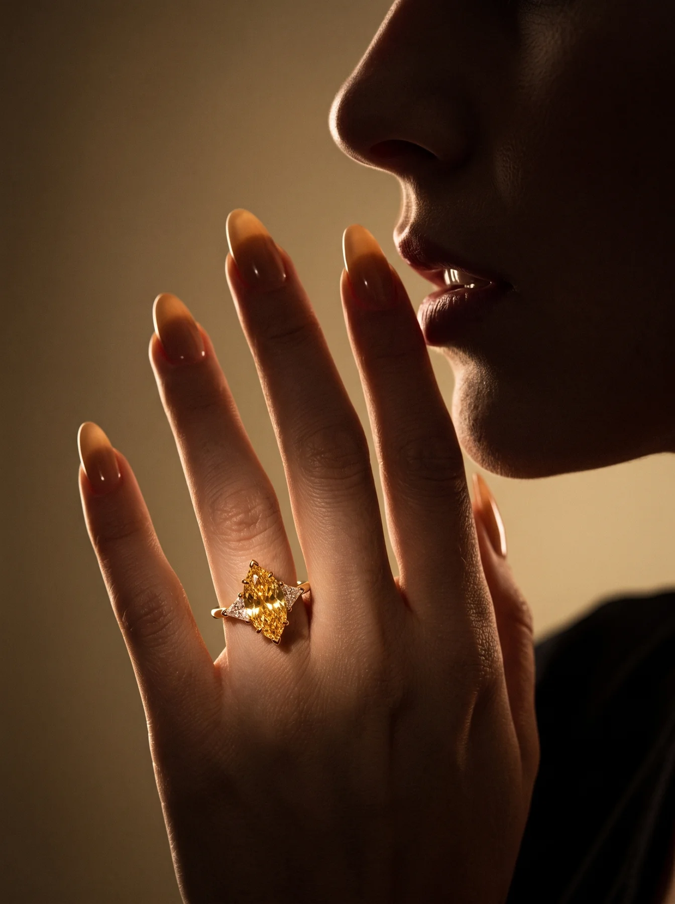 Gold ring with a yellow centre stone worn on a hand