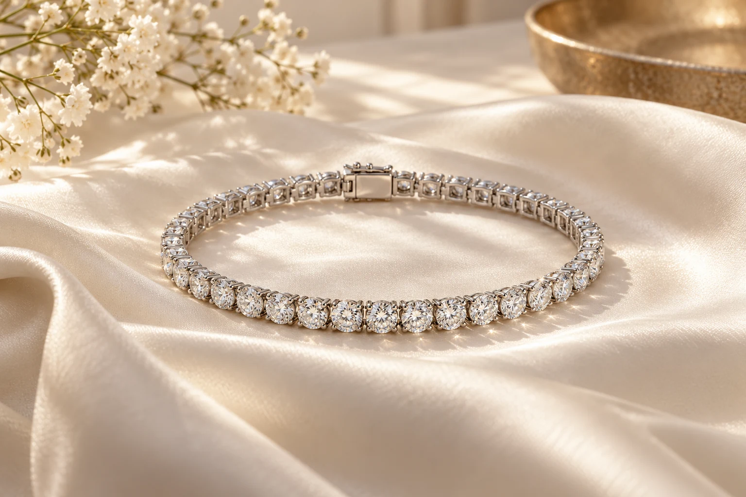 White gold diamond tennis bracelet with linked settings on ivory silk
