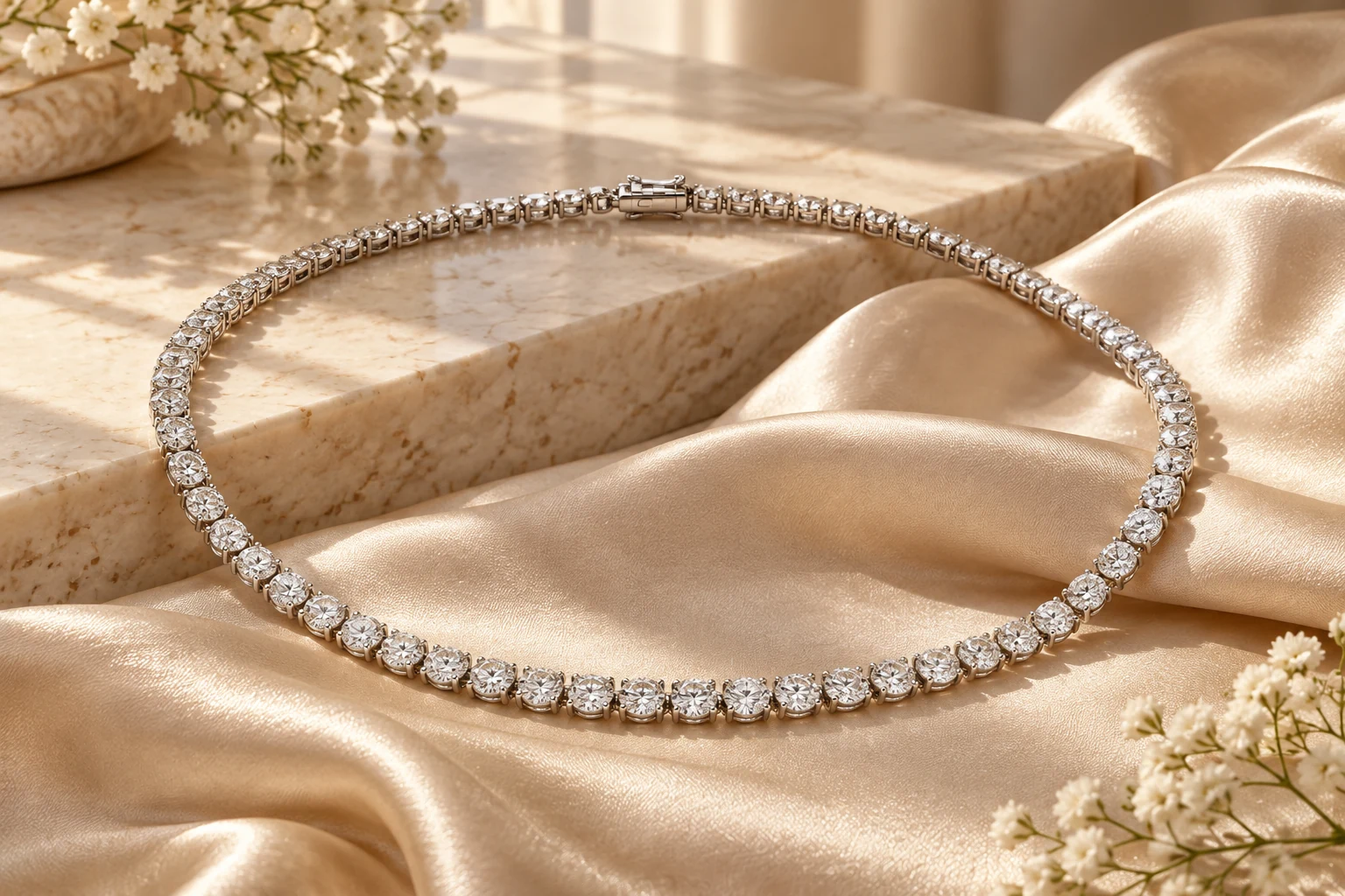 White gold diamond tennis necklace arranged on ivory silk