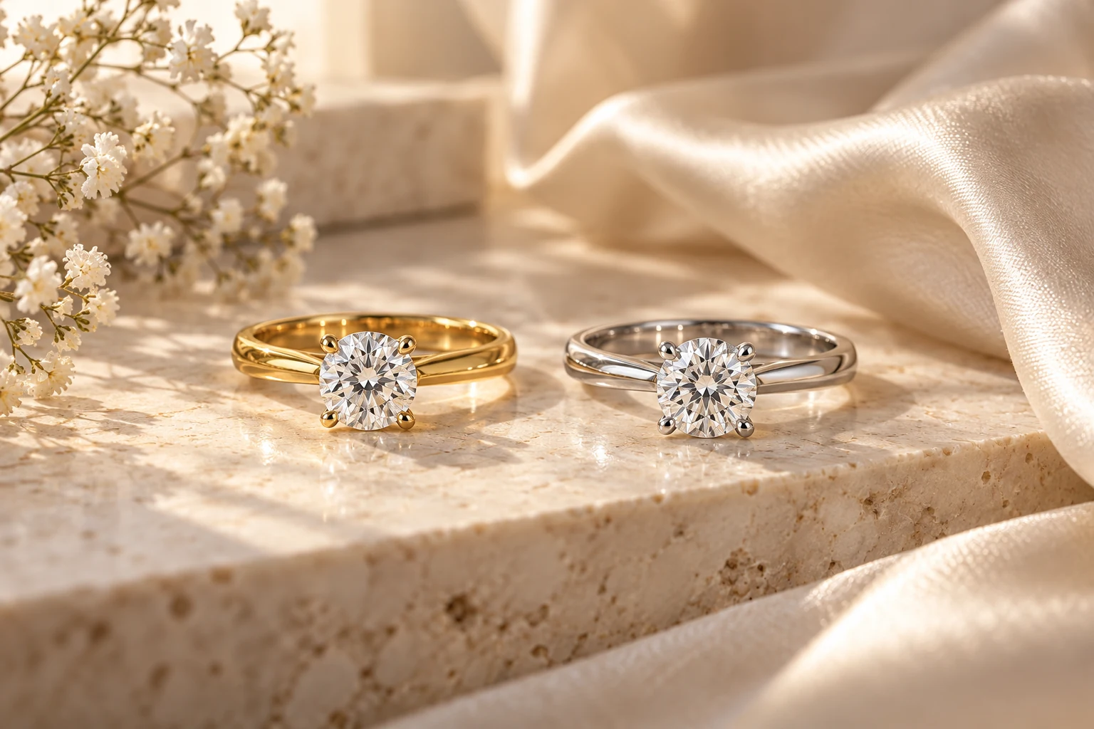 Matching yellow gold and white gold diamond rings side by side
