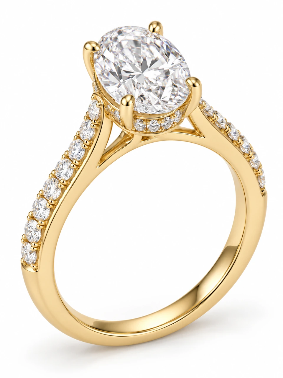 Celina Oval Cathedral Hidden Halo Ring in yellow gold, with an oval centre and concealed diamond halo