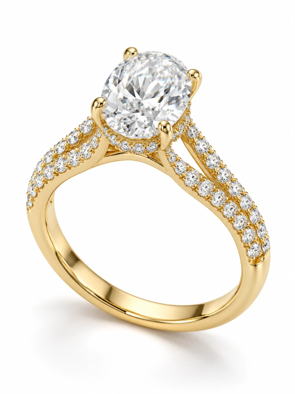 Elowen Oval Split Shank Hidden Halo Ring in yellow gold, with an oval centre and concealed diamond halo