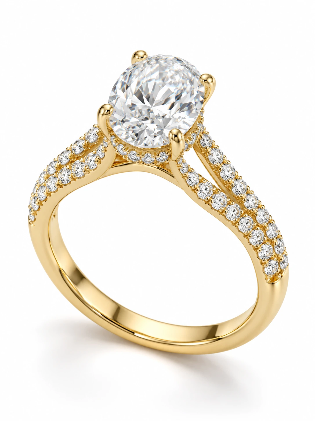 Elowen Oval Split Shank Hidden Halo Ring — 18K Yellow Gold — lab-grown diamond design visualisation — Halo Ring Collection — Victoria Diamonds