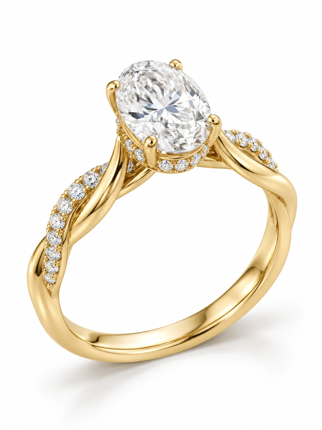 Iselle Oval Twist Hidden Halo Ring — 18K Yellow Gold — lab-grown diamond design visualisation — Halo Ring Collection — Victoria Diamonds