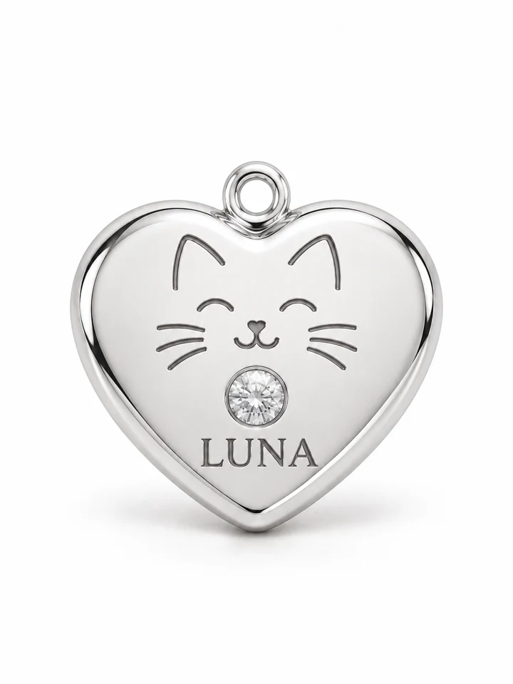 Whisker Heart Cat Charm in Sterling 925 silver with a lab-grown diamond