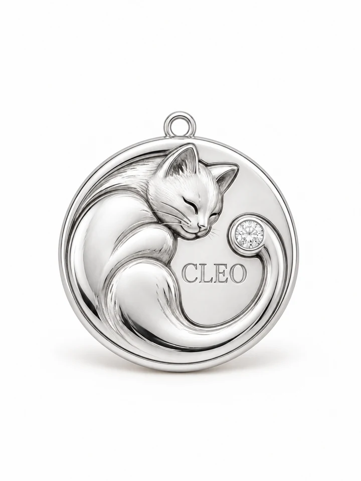 Curled Companion Cat Charm in Sterling 925 silver with a lab-grown diamond