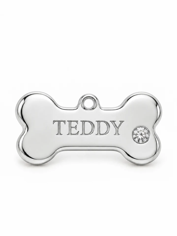 Little Bone Dog Charm in Sterling 925 silver with a lab-grown diamond